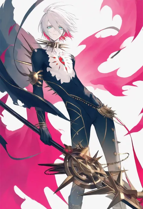 newest, absurdres, highres, sensitive, masterpiece, best quality ,solo, male focus, karna (fate), 1boy, armor, white hair, bishounen, spikes, cape, weapon, holding, blue eyes, looking at viewer, white background, holding weapon, simple background, pale ski...