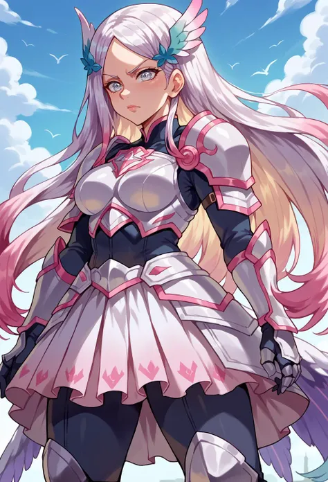 score_9, score_7_up, source_anime, solo, BREAK <lora:style_shexyo_ponyXL-GLoRA:1>, serious, 1girl, white eyes, white hair, very long hair, parted hair, parted bangs, gradient hair, lilac hair, medium breasts, wing hair ornament, valkyrie, black bodysuit, a...