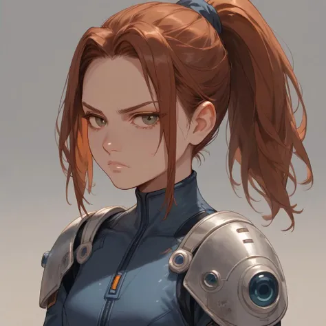 score_9, score_8_up, score_7_up, A young female spaceship pilot with long auburn hair tied in a ponytail, and intense brown eyes. She is wearing a gray and blue flight suit with metallic shoulder pads and a sleek helmet under her arm. Her expression is ser...