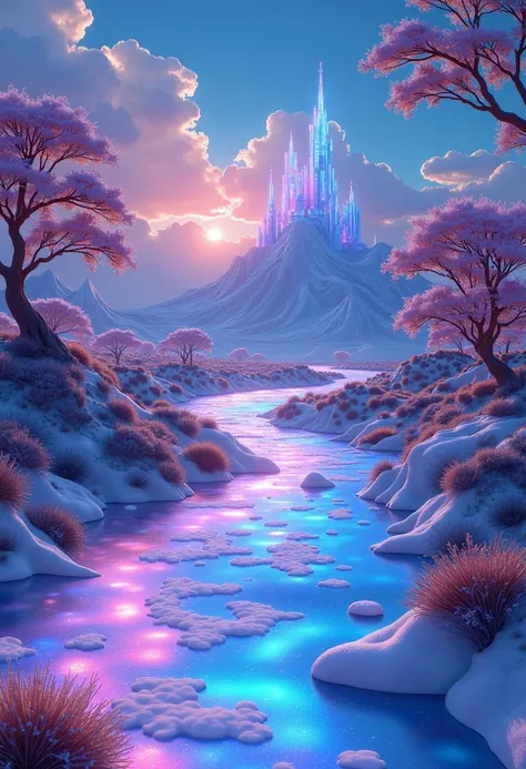 A mystical landscape crafted entirely from glowing opal, shimmering with iridescent hues. The ground, trees, and structures are made of radiant opal, reflecting vibrant blues, purples, pinks, and greens. Each surface glows with a soft, ethereal light, cast...