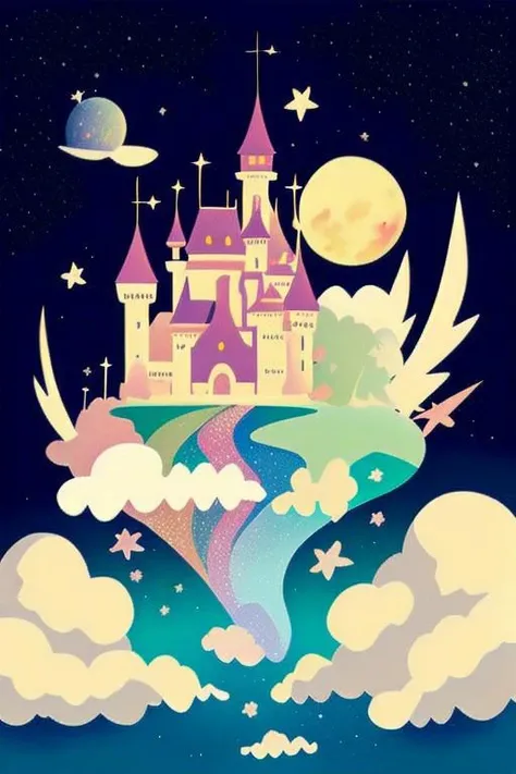 fluffy, floating, clouds, sky, stars, space, castle,