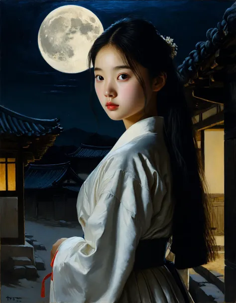 Minimalist painting of an teen Korean princess wearing an black and white hanbok by Albert Lynch, Abbott Handerson Thayer, highly detail, best quality, standing in an old Korean village, full moon, night, innocent, serene, pale skin, brown eyes, long flowi...