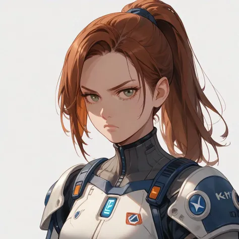 score_9, score_8_up, score_7_up, A young female spaceship pilot with long auburn hair tied in a ponytail, and intense brown eyes. She is wearing a gray and blue flight suit with metallic shoulder pads and a sleek helmet under her arm. Her expression is ser...