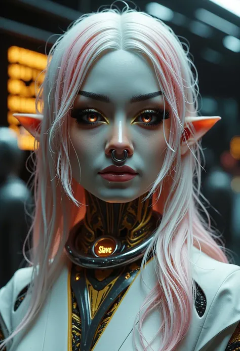 She has a large steel ChunkySeptum piercing in her nose. (((((((she has a futuristic very slim slave collar with glowing displays and ((text "Slave")) worn very tight and snug around her neck, the collar looks like a ring with a slightly oval cross section...