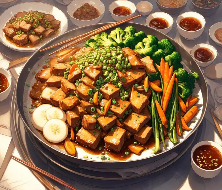 masterpiece,1plate of braised pork and 1plate of fried vegetables,Chinese-food-style