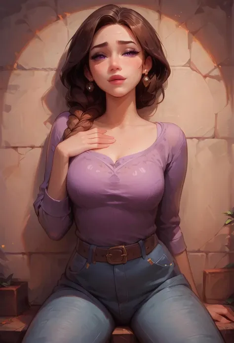 (score_9, score_8_up, score_7_up), 1girl, Jodi,(stardew valley), spread legs, hand on chest, standing, spread legs, brown hair, purple eyes, single braid, stud earrings, make-up, mature, purple shirt, jeans, belt,