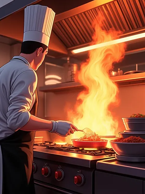 Culinary anime scene in a bustling kitchen as a chef prepares a signature dish, capturing the fiery intensity of the stove and the chefâs concentration, digital composition, trending on ArtStation.