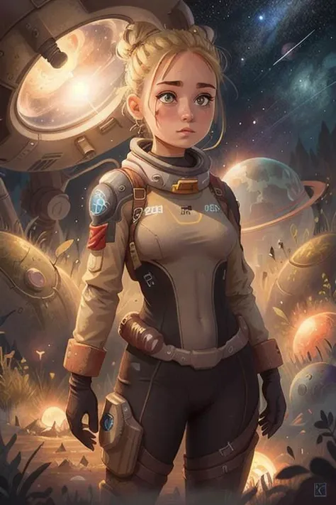 a girl in a wasteland, blonde messy bun, tight  body suit, alien planet, space, starfield,