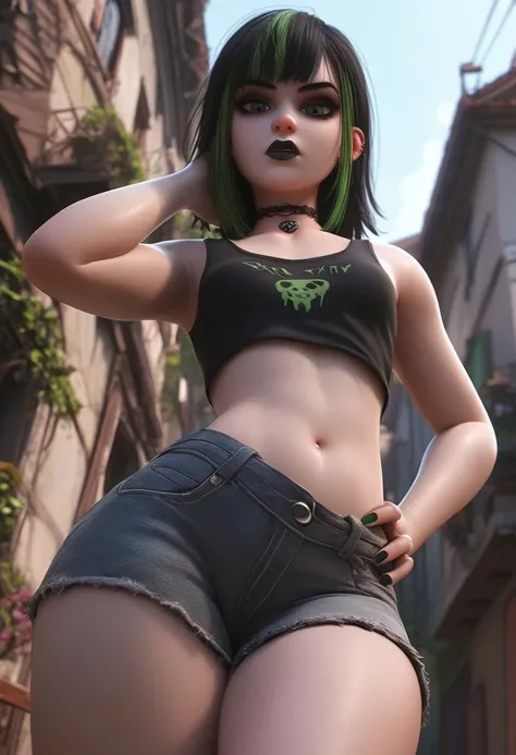 score_9, score_8_up, score_7_up, female, goth girl, black lipstick, long straight black hair with bangs, green highlights coming from the roots, choker, black tank-top, (crop top with bare belly and hips),grey jean shorts, lowrise unbuttoned shorts, 1girl,...