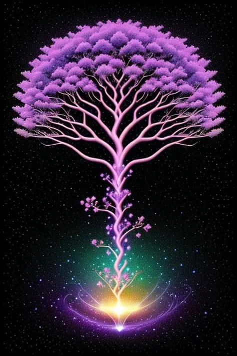 a magical genealogic tree with colour leaves with multiple irradiating flowers in a purple cosmic background