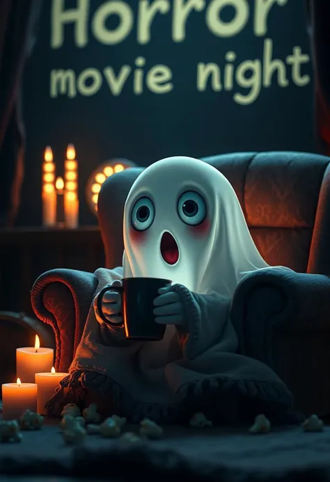 cute adorable, ghost-like creature with large, expressive eyes that capture a sense of wonder and curiosity. The creatures should be soft and illuminated , with shades of white that blend seamlessly with its dark surroundings. stunning cozy evening scene f...