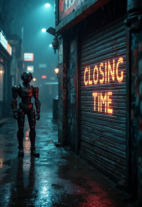 A Cyberman from Doctor Who lowers the shutter of a shop in a dark, rain-soaked alley. The Cyberman is depicted in a metallic, robotic style with glowing blue eyes, surrounded by dim, flickering neon lights reflecting off the wet pavement. The shop shutter,...