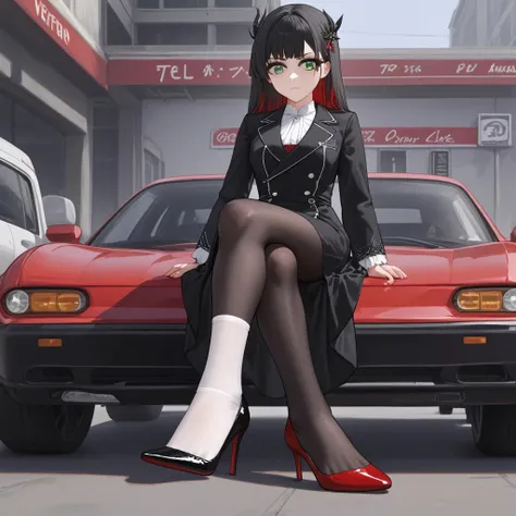 dress, white socks, sfw, crossed legs, sitting, motor vehicle, green eyes, , black pantyhose, red high heels