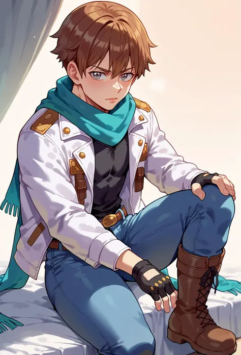 score_9, score_7_up, source_anime, solo, BREAK <lora:style_shexyo_ponyXL-GLoRA:1>  male focus,, 1boy, grey eyes, brown hair, very short hair, teal scarf, black shirt, white jacket, open jacket, single fingerless glove, multiple belts, jeans, knee boots,