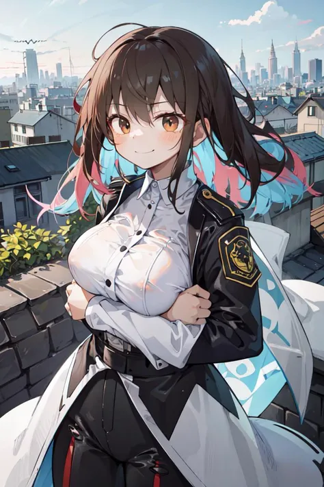 (masterpiece, best quality:1.3), 1girl, large breasts, wind, rooftop, police uniform, multiple boys, breast press, hug from behind, messy hair, dark blue hair, brown eyes, glaring, smile, surprised,