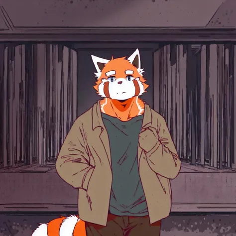 anthro, solo, mammal, male, topwear, clothing, fur,  looking at viewer, canid, canine, visual novel, clothed, canis, hi res, detailed background,(red panda:1.5),kemono,  <lyco:004rockV4.1-000019:1.0>