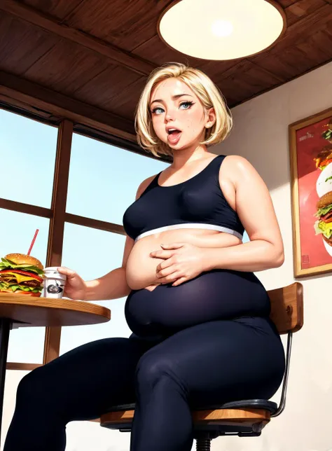 from_below, angled, sexy, unrestrained gluttony, mouth open,  looking at viewer, [fast food], [stomach ache], 1girl, undersized_clothes, [yoga pants], sitting on chair, restuarant, [sports bra], short blonde hair, (plump:1.2), [flat chest], thick_thighs, h...