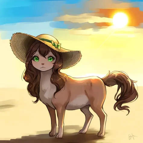 brown hair, 1girl, sun hat, green eyes, feral