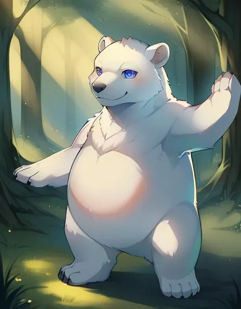 there is a white bear standing in the woods with its arms out