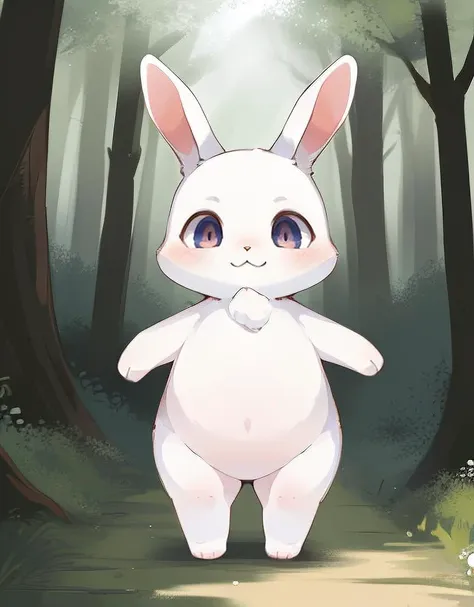 there is a white rabbit standing in the woods with trees