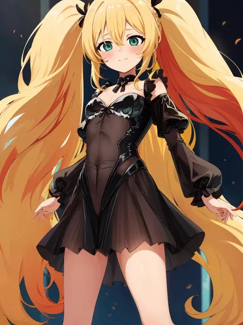 masterpiece, best quality, 1girl, solo, green_eyes, (blonde_hair:1.5), (red_multicolored_hair:1.3), hair_between_eyes, long_hair, twintails, braid, smile, closed_mouth, (blush:1.2), hair_ornament, shiny_skin, standing, <lora:CostumeJanusHalloweenV1:1>black...