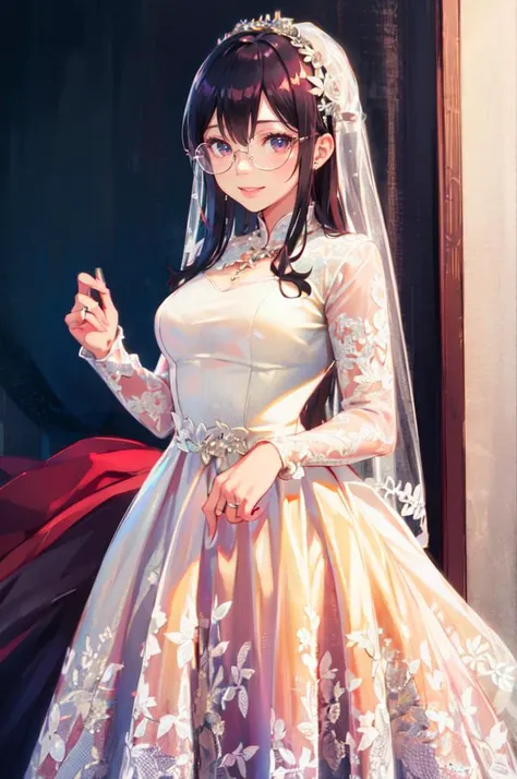 cowboy shot, smile,(solo:1.3), 1girl,  <lora:LIP:0.85> (LilyPichuTI:0.9), glasses,  <lora:d1pw3dd1ngSR:0.55> d1pw3dd1ngSR, (wedding dress:1.2), long dress,, ultra detailed, masterpiece, best quality, aesthetic, detailed,