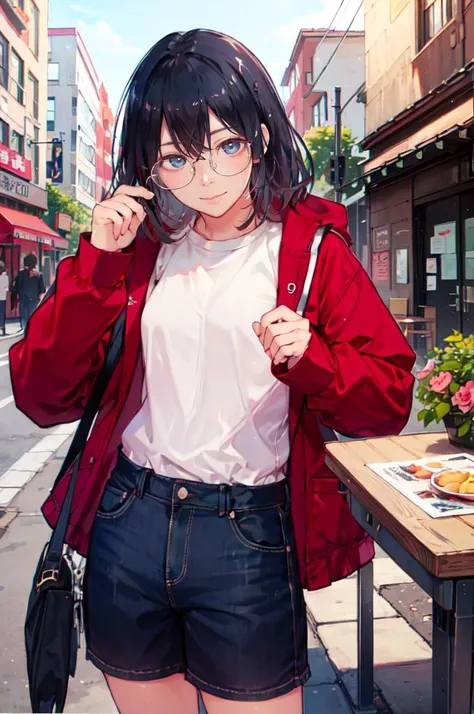 (solo:1.3),  <lora:LIP:0.9> (LilyPichuTI:0.9), glasses, cowboy shot, smile,   <lora:nishiide_kengorou_style_v01:0.8>, ultra detailed, masterpiece, best quality, aesthetic, detailed,