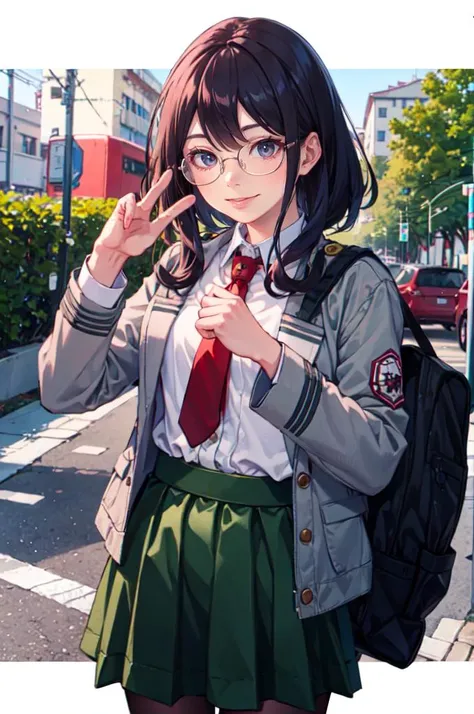 (solo:1.3),  <lora:LIP:0.8> (LilyPichuTI:0.9), glasses, cowboy shot, smile,   <lora:attire_uauniforms:1> u.a. school uniform, grey jacket, red necktie, green skirt,, ultra detailed, masterpiece, best quality, aesthetic, detailed,