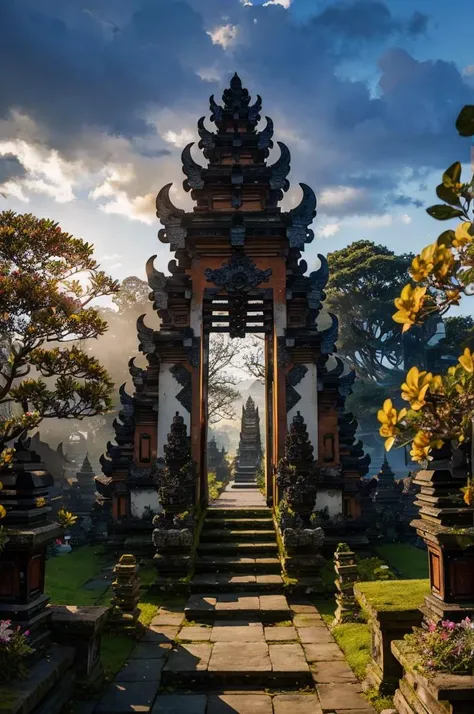 landscape, baligapura gate, stone statue, wall stone, village, stone stairs, yellow cloth, detailed, ornament, bali, tree, grass, flower, frangipani flower tree, epic, dawn, night, moon, yellow light lamp, fog, dramatic lighting, dim light, bokeh, <lora:AR...