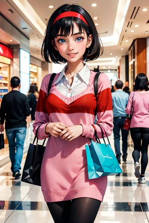 videl, red headband, short black hair, blue eyes, pink sweater dress, red strip, white collared shirt, black leggings, looking at viewer, smiling, happy, blush, teeth, medium shot, 
standing, inside a mall, holding a shopping bag, crowded, bright lighting,...