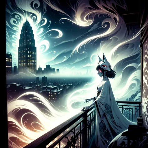 realistic anime art style, realistic art style breathtaking 1girl ghost with fox mask standing on a balcony overlooking the city,fractal art,clouds between tall buildings in the city,fog,wind particles,in the style of structured chaos,unique yokai illustra...