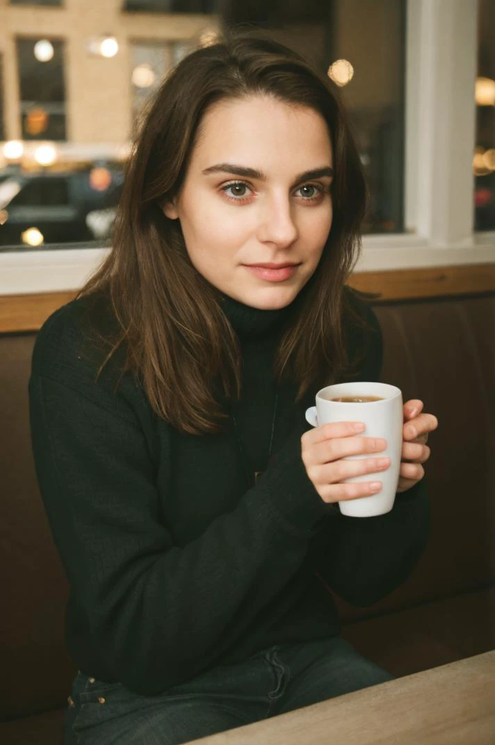 professional photo of  tv_Alina_Sanko_M, ,  , wearing a cozy sweater, sitting in a cafe, holding a cup of steaming tea, flirty expression,, 8k resolution, highres, high detail, sharp focus, detailed skin,  8k uhd, bokeh, analog photography