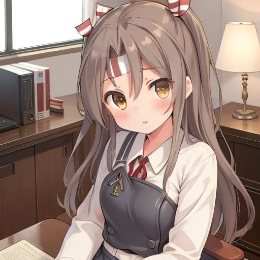 masterpiece, best quality, highres, 1girl,<lora:kancolle_zuihou:0.7>,kancolle_zuihou, Admiral office,retro desk,retro window,WW2 age room