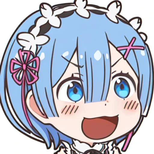 phRem,Remchibi,chibi,blue hair,1girl,solo,roswaal mansion maid uniform,maid,detached sleeves,white background,laughing,Eyebrow down,big mouth,<lora:chibi-laugh:0.6>,<lora:Rem_v2_FB:0.8>,