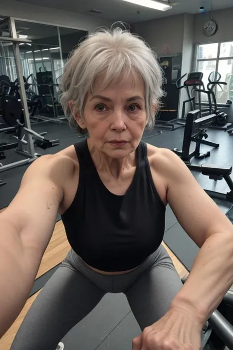 (AS-Elderly:1.2),61 years old woman ,wearing gym_outfit,straddling,inside gym,short hair,taking a selfie  <lora:ip-adapter-faceid-plusv2_sd15_lora:0.75> <lora:Hyper-SD15-8steps-lora:0.5> <lora:gym_outfit:0.35>