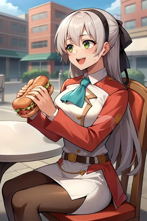 anime girl sitting at a table with a sandwich in her hand