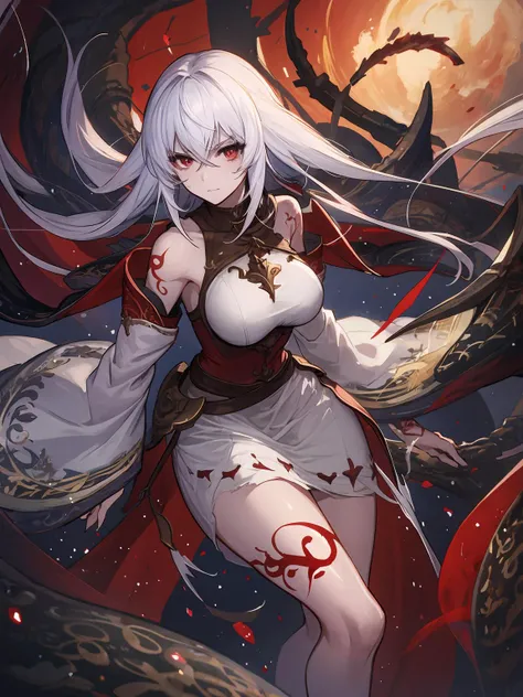 masterpiece,best quality,highres,cinematic lighting,dramatic angle,1girl,<lora:ShadowverseViridiaMagnaV1-000015:0.8> ,alternative1,white hair,magic,claws,tentacles,wide sleeves,white dress,torn clothes,angry,red eyes,long hair,messy hair,vines,detached sle...