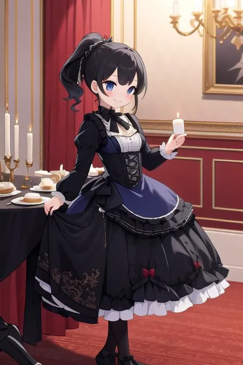 masterpiece,ultra detail,best quality,1girl,black ponytail,blush,evil smile,blue ttlolita <lora:ttolita:0.8>,indoor,luxurious dining room,fullbody,courtesy,candlestick