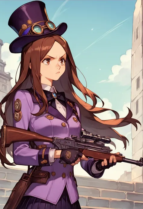 anime screencap, 1girl, solo, holding weapon, flintlock rifle, standing, long hair, brown hair, parted bangs, purple top hat, goggles on hat, skirt, fingerless gloves, corstet, serious, steampunk <lora:[GP] somethingweird [Pony XL]:1>, score_9, score_8_up,...