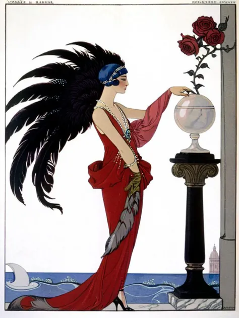 <lora:sdxl_George barbier v1.0:0.8>,george barbier, illustration, flat illustration, 1girl, flower, rose, 1boy, profile, dress, feathers, black hair, high heels, jewelry,watermark,marble handrail,statue,pearl,wineglass,, masterpiece, best quality,absurdres...