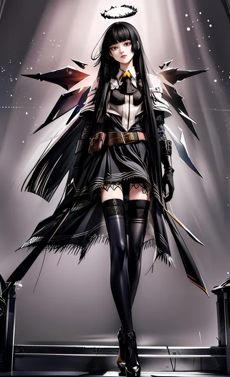 (masterpiece, best quality),realistic,1girl,thin legs,full body,black_hair, very_long_hair, blunt_bangs, straight_hair, black_eyes, elbow_gloves, black_thighhighs, white_capelet, belt_pouch, detached_wings, black_wings, halo, high_heels, lace-trimmed_thigh...