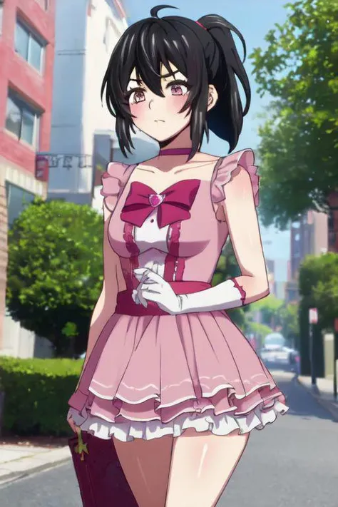 Manyuu Chifusa,black hair,medium hair,suger-suger-min, ssmabenana, pink dress, miniskirt, ponytail,