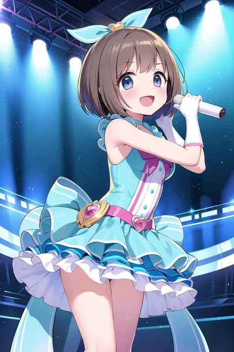 best quality, ultra-detailed, (1girl, solo,   <lyco:suger-suger-min-v1:1>,suger-suger-min, hime cut,bob cut, light blue dress, miniskirt, :d), on the stage,