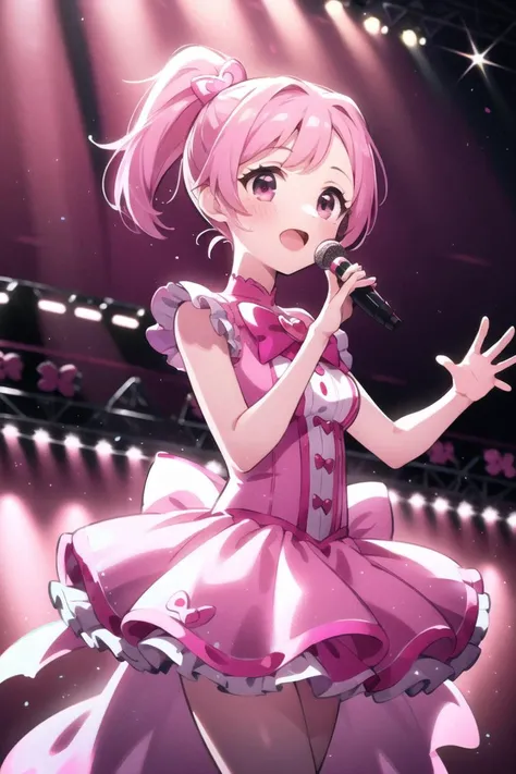 highres, cute illustration, 
1girl, solo,   <lyco:suger-suger-min-v1:0.7>,suger-suger-min, ssmabenana, pink dress, miniskirt, long ponytail, sing  holding microphone, on the stage, waving hand 
<lora:spotlight:1> spotlight,  <lora:Glowing_Jewelry_erase:-2>