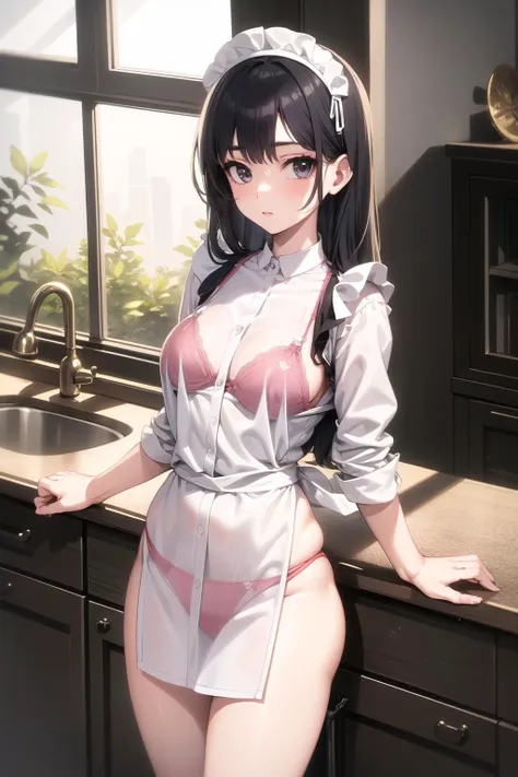 <lora:bikini_under_clothes_v0.2:1>
1girl, maid, (bikini under clothes:0.9), apron, panties, shirt, naked apron, dress shirt, bra,, masterpiece, best quality, highly detailed