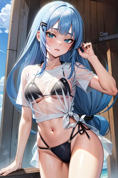 masterpiece, best quality, ultra-detailed,
aatsumugi, long hair, low-tied long hair, sky blue hair, blunt bangs, hairclip, bikini under clothes, black bikini, t-shirt, see-through,
<lora:shiraishi_tsumugi_v1:0.7> <lora:gekioko_v200:1> <lora:bikini_under_cl...