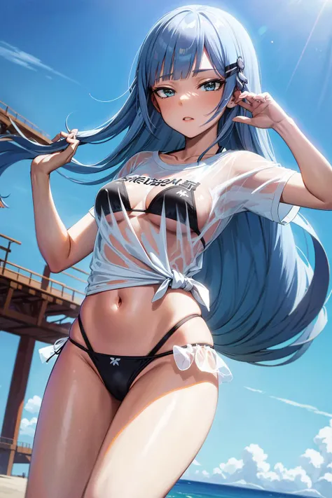 masterpiece, best quality, ultra-detailed,
aatsumugi, long hair, low-tied long hair, sky blue hair, blunt bangs, hairclip, bikini under clothes, black bikini, t-shirt, see-through,
<lora:shiraishi_tsumugi_v1:0.7> <lora:gekioko_v200:1> <lora:bikini_under_cl...