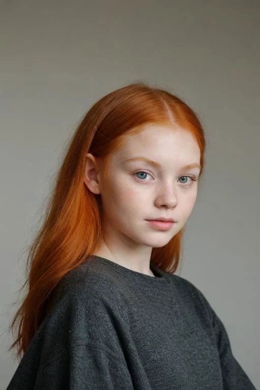 a close up of a young girl with red hair and a grey sweater