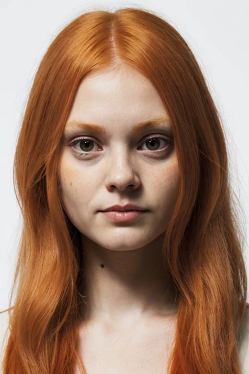 a close up of a woman with long red hair and a white shirt