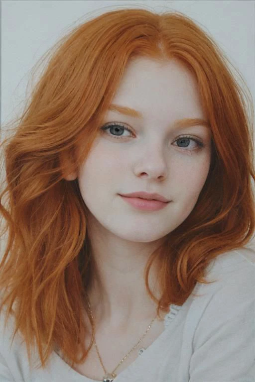 a close up of a woman with red hair and a necklace